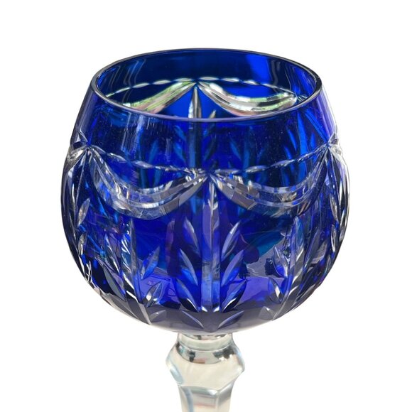Vintage Cobalt Blue Cut Crystal Wine Goblet With Clear Stem - Picture 3 of 6